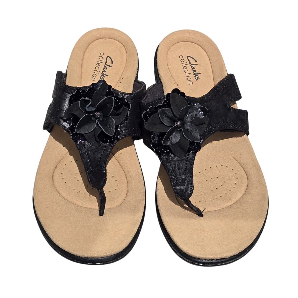 Clarks Women's Laurieann Gema Leather Thong Sandal Size 9.5 Black Arch Support